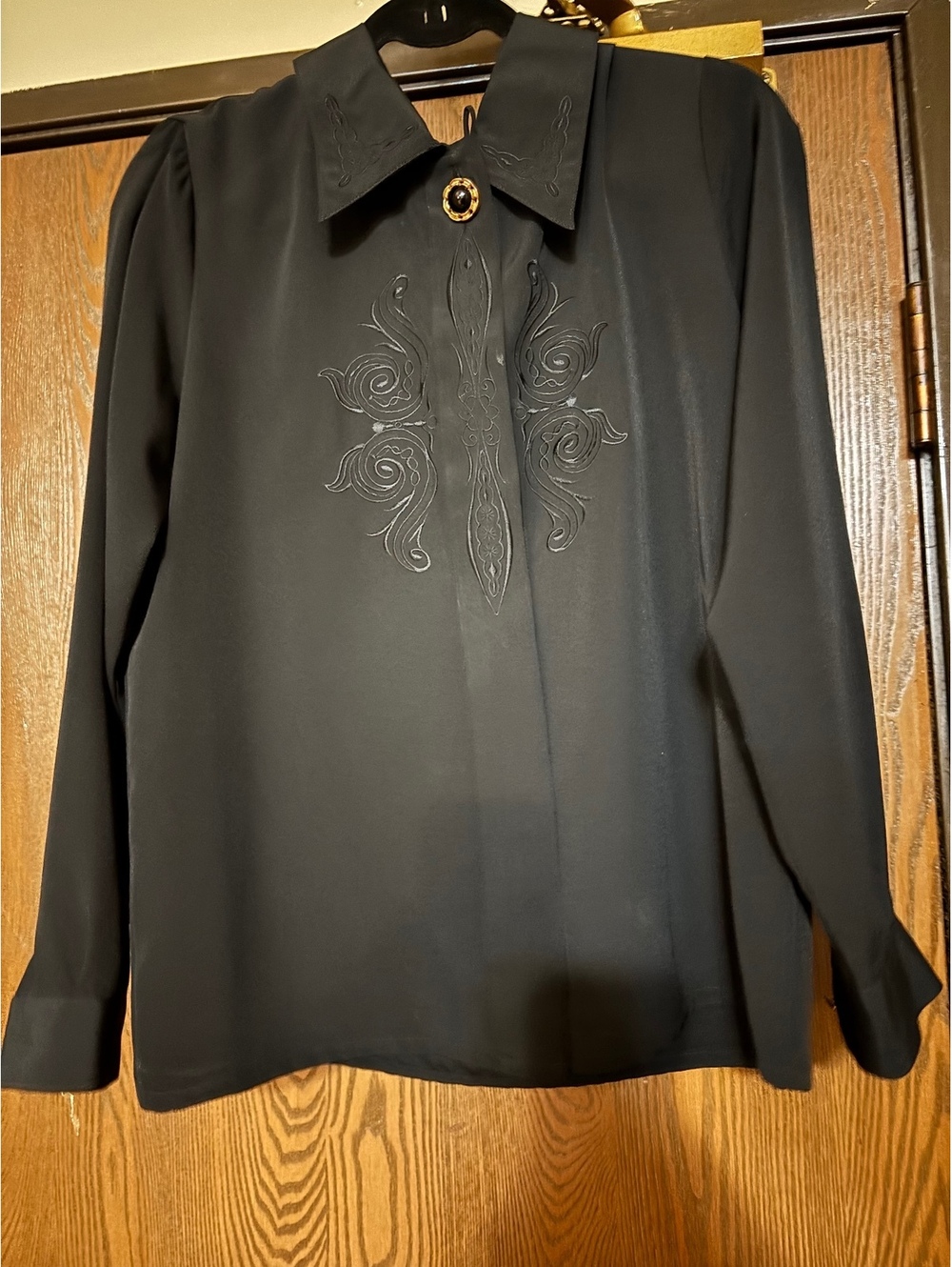 Vintage Black Long-Sleeve Embroidered Blouse